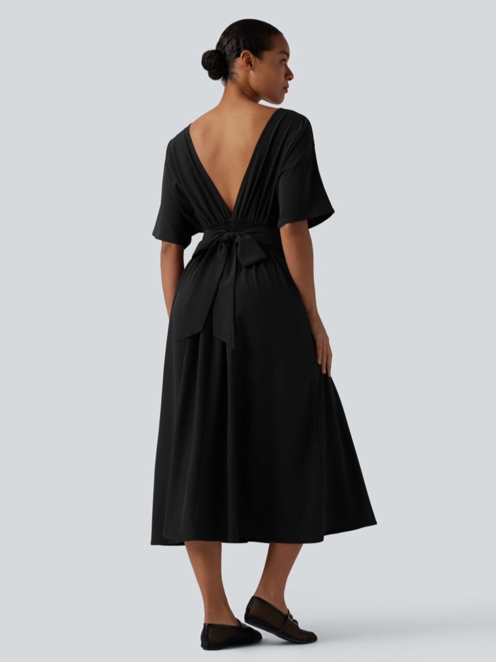 Halara Elegant Black V-Back Midi Dress with Tie Waist